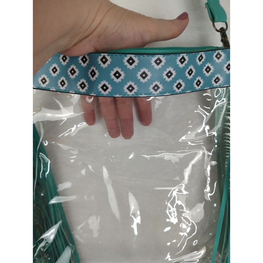 Clear PVC Fringe Crossbody Bag Teal Southwest Geometric Stadium Approved Purse - Picture 4 of 5